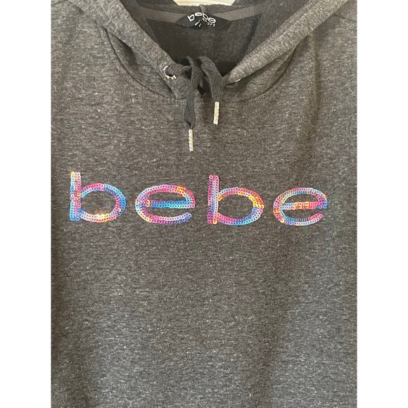 BEBE Charcoal Sequin Hoodie Pockets Size Large - Picture 4 of 8